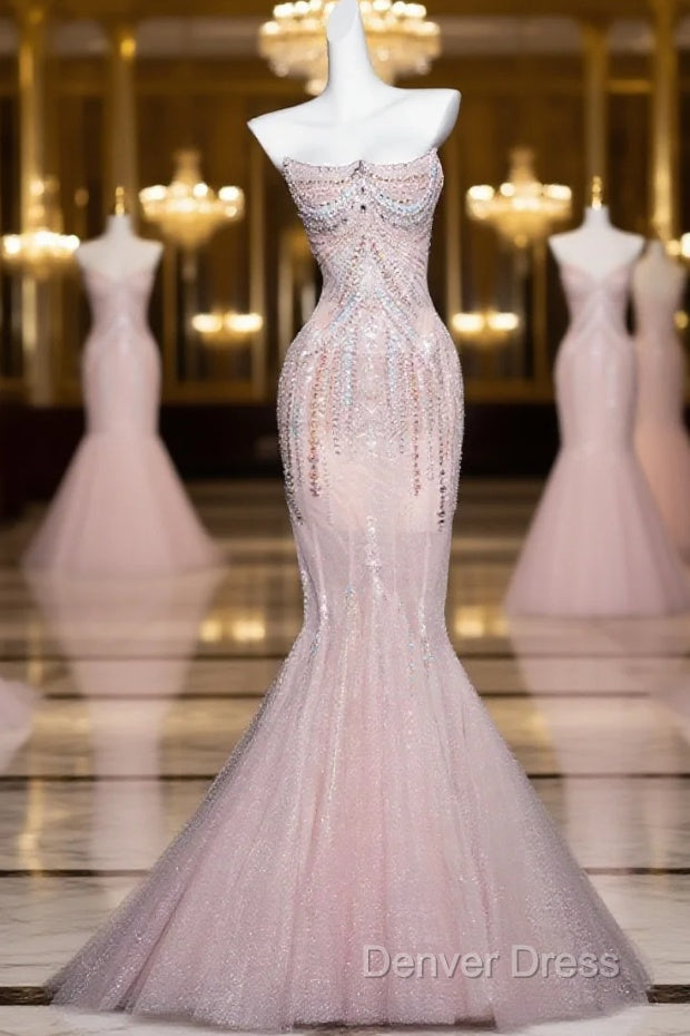 Pink Mermaid Strapless Tulle Diamond Long Prom Dress Sweet Wedding Dress Prom Dresses