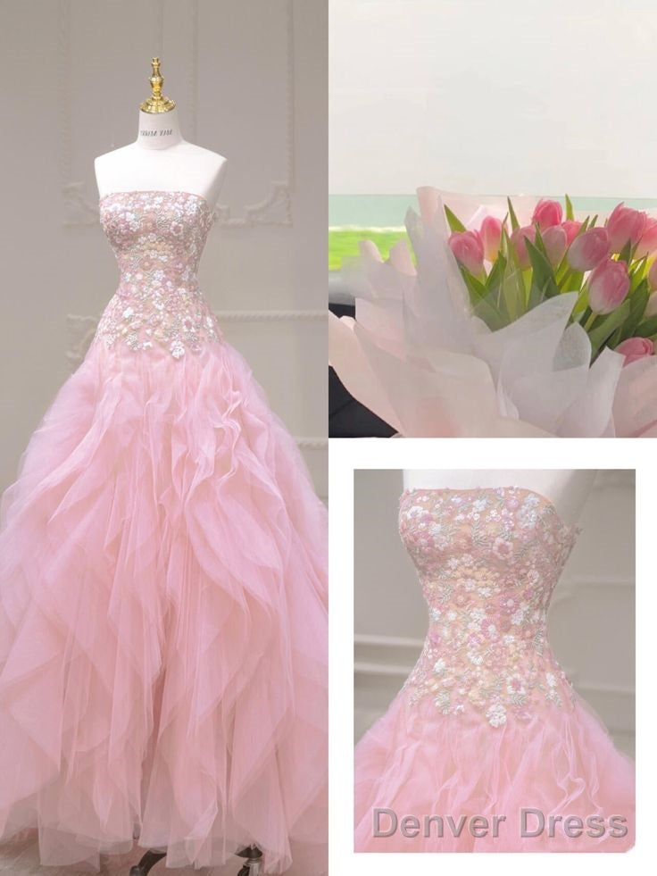 Pink Mermaid Strapless Tulle Sequined Long Prom Dress, Sweet Embroidered Applique Wedding Dress Secondary image