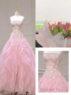 Pink Mermaid Strapless Tulle Sequined Long Prom Dress, Sweet Embroidered Applique Wedding Dresses