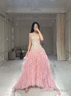 Pink Mermaid Strapless Tulle Sequined Long Prom Dress, Sweet Embroidered Applique Wedding Dress