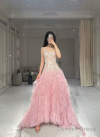 Pink Mermaid Strapless Tulle Sequined Long Prom Dress, Sweet Embroidered Applique Wedding Dresses