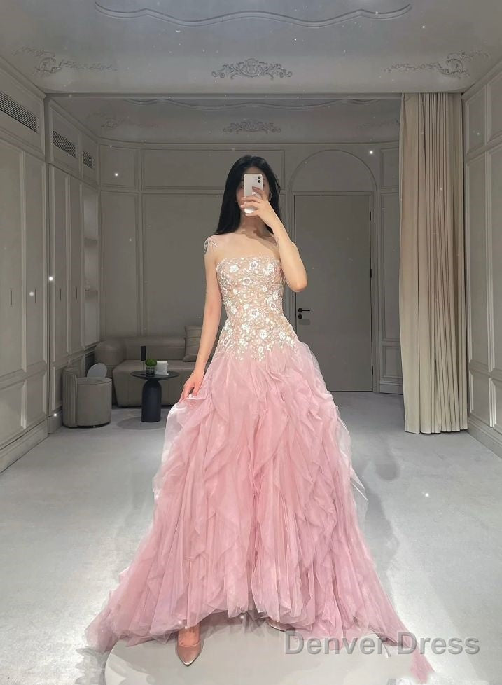 Pink Mermaid Strapless Tulle Sequined Long Prom Dress, Sweet Embroidered Applique Wedding Dresses