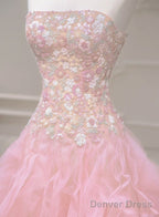 Pink Mermaid Strapless Tulle Sequined Long Prom Dress, Sweet Embroidered Applique Wedding Dress