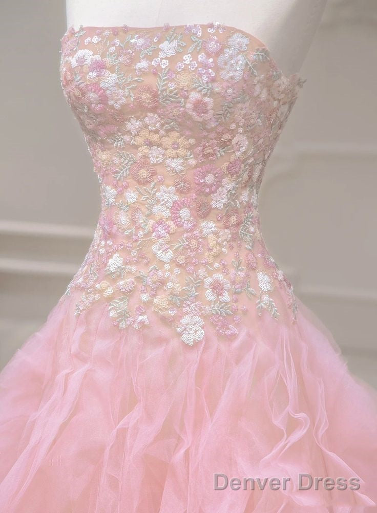 Pink Mermaid Strapless Tulle Sequined Long Prom Dress, Sweet Embroidered Applique Wedding Dress