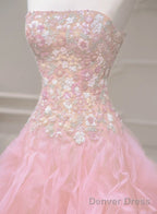 Pink Mermaid Strapless Tulle Sequined Long Prom Dress, Sweet Embroidered Applique Wedding Dresses