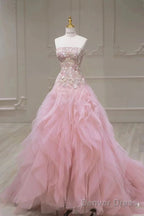 Pink Mermaid Strapless Tulle Sequined Long Prom Dress, Sweet Embroidered Applique Wedding Dress