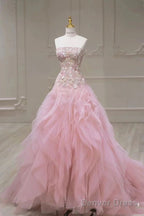 Pink Mermaid Strapless Tulle Sequined Long Prom Dress, Sweet Embroidered Applique Wedding Dresses