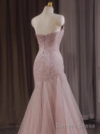 Pink Mermaid Strapless Tulle Sequined Long Prom Dress Sweet Wedding Dress