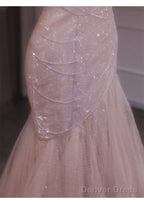 Pink Mermaid Strapless Tulle Sequined Long Prom Dress Sweet Wedding Dress