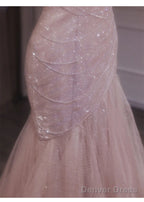Pink Mermaid Strapless Tulle Sequined Long Prom Dress Sweet Wedding Dresses