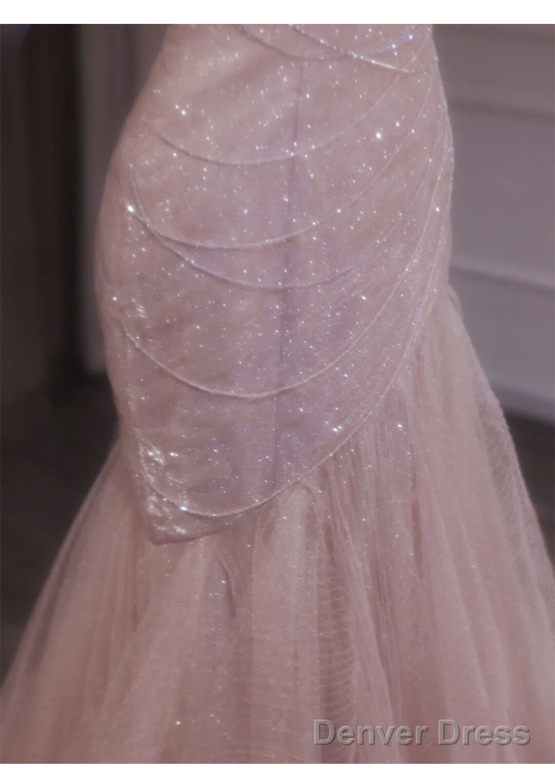 Pink Mermaid Strapless Tulle Sequined Long Prom Dress Sweet Wedding Dresses