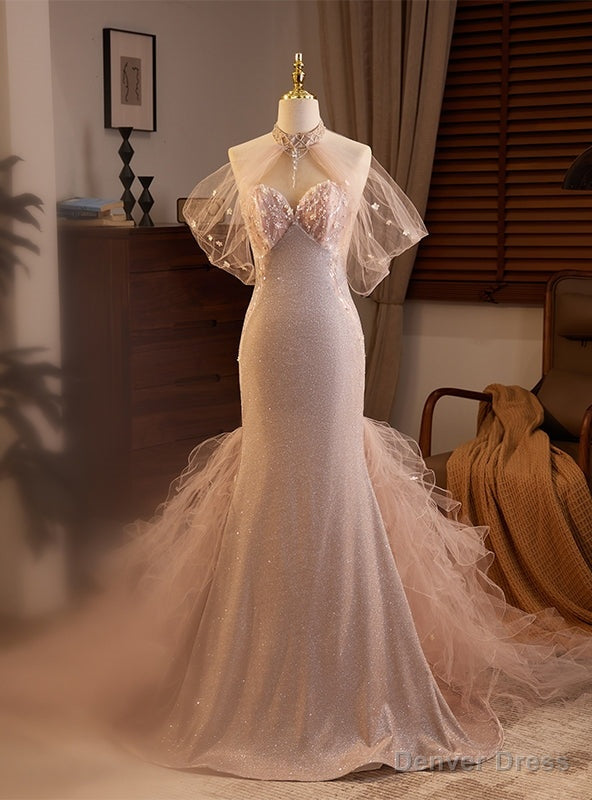 Pink Mermaid Tulle Halter Prom Dresses