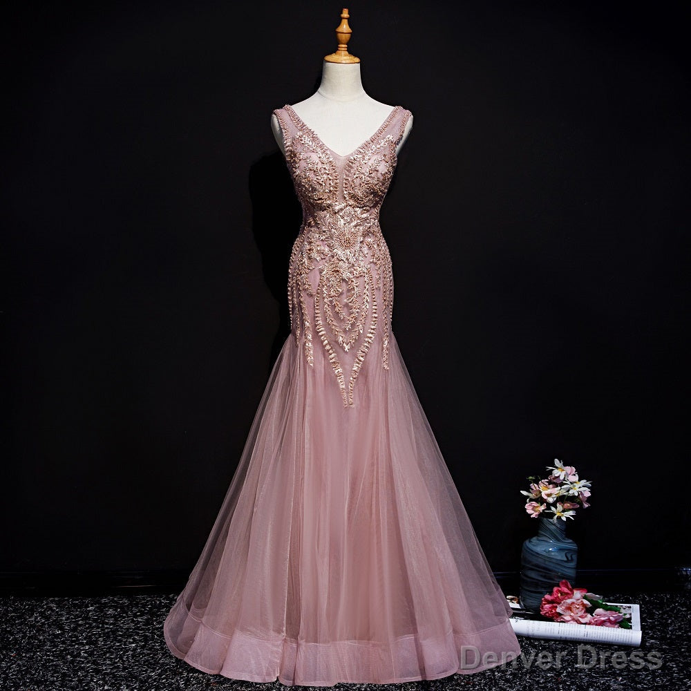 Pink Mermaid Tulle Long Prom Dress with Lace, V Neckline Floor Length Prom Dresses Secondary image