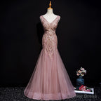 Pink Mermaid Tulle Long Prom Dress with Lace, V Neckline Floor Length Prom Dresses