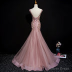 Pink Mermaid Tulle Long Prom Dress with Lace, V Neckline Floor Length Prom Dresses
