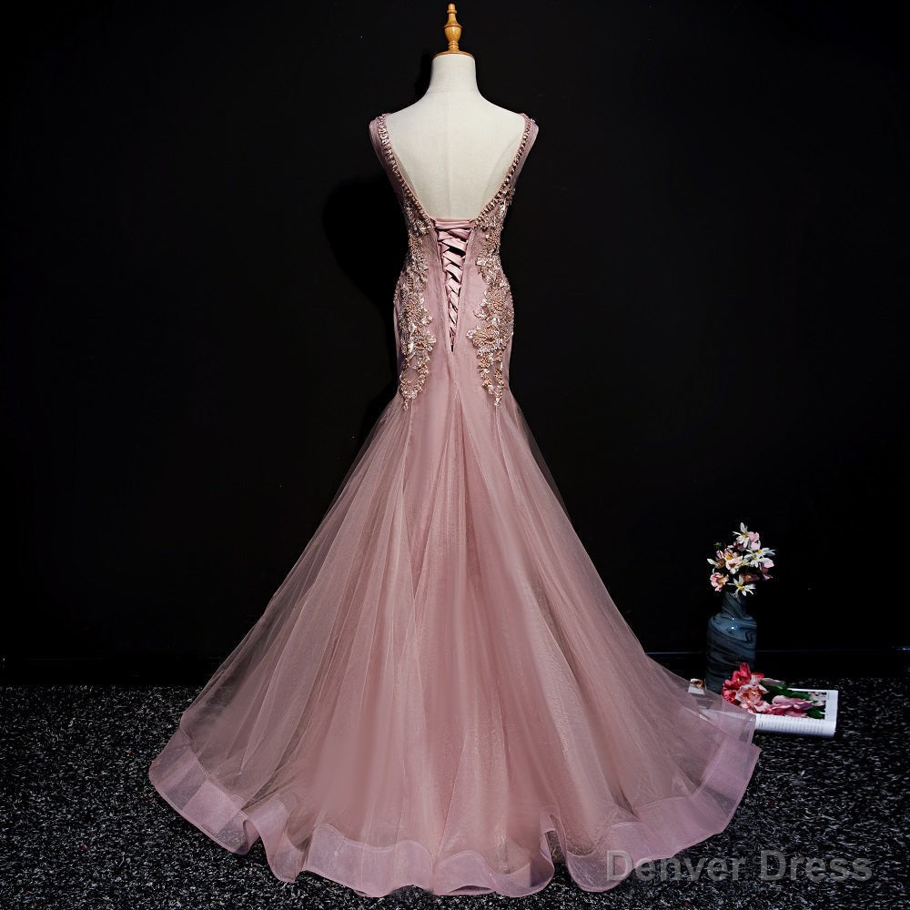 Pink Mermaid Tulle Long Prom Dress with Lace, V Neckline Floor Length Prom Dresses