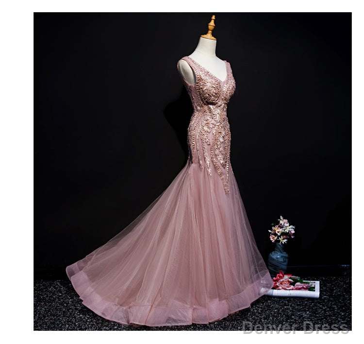 Pink Mermaid Tulle Long Prom Dress with Lace, V Neckline Floor Length Prom Dresses Main image