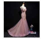 Pink Mermaid Tulle Long Prom Dress with Lace, V Neckline Floor Length Prom Dresses