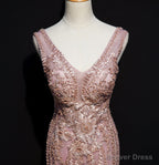 Pink Mermaid Tulle Long Prom Dress with Lace, V Neckline Floor Length Prom Dresses