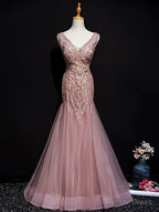 Pink Mermaid Tulle Long Prom Dress with Lace, V Neckline Floor Length Prom Dresses