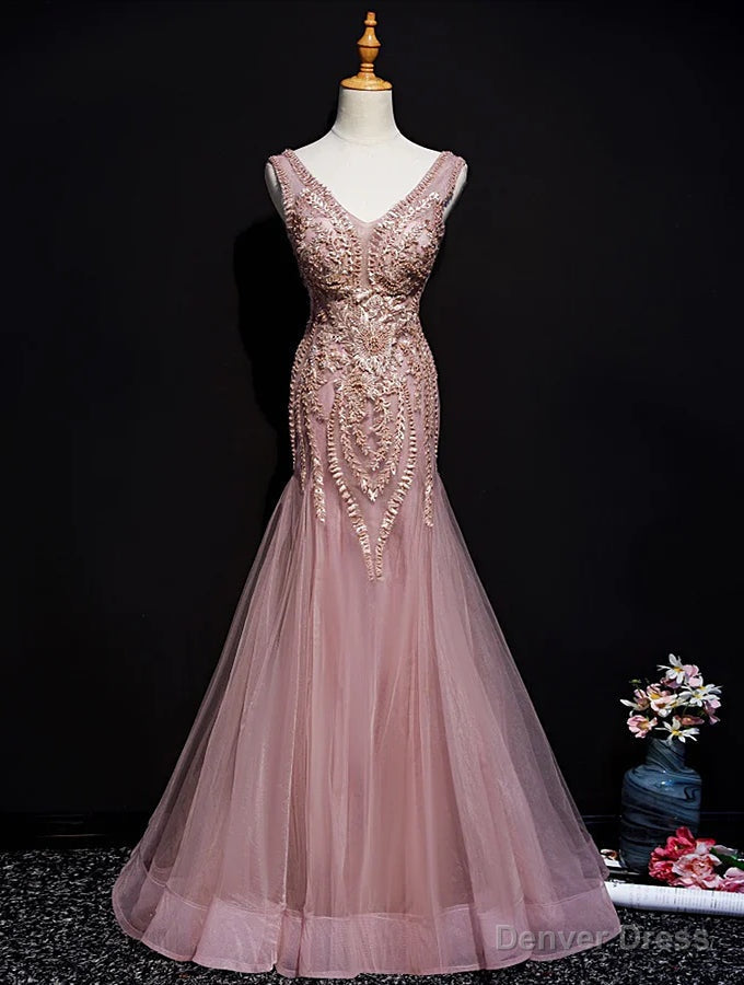 Pink Mermaid Tulle Long Prom Dress with Lace, V Neckline Floor Length Prom Dresses