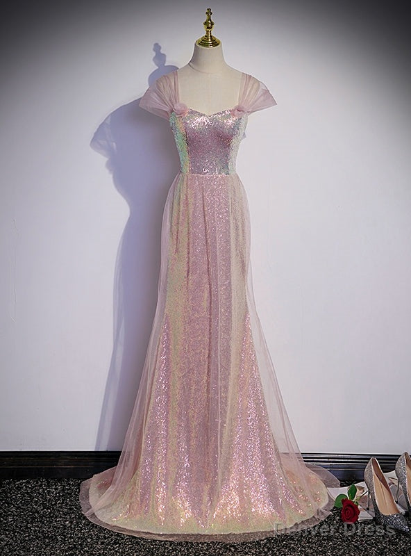 Pink Mermaid Tulle Sequins Off the Shoulder Prom Dresses