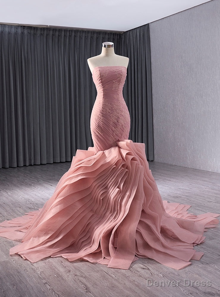 Pink Mermaid Tulle Strapless Pleats Prom Dresses