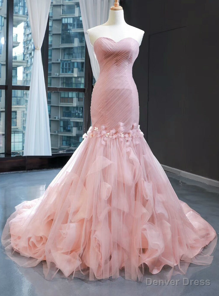 Pink Mermaid Tulle Sweetheart Pleats Appliques Prom Dresses Main image
