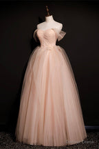 Pink Off Shoulder Beaded Tulle Long Prom Dress, Pink A Line Prom Dress