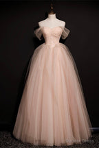 Pink Off Shoulder Beaded Tulle Long Prom Dress, Pink A Line Prom Dress