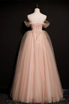Pink Off Shoulder Beaded Tulle Long Prom Dress, Pink A Line Prom Dress