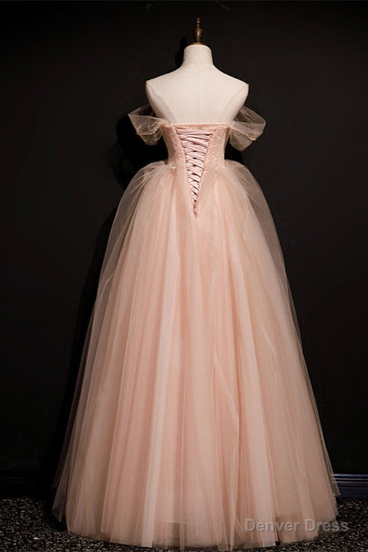 Pink Off Shoulder Beaded Tulle Long Prom Dress, Pink A Line Prom Dress