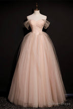 Pink Off Shoulder Beaded Tulle Long Prom Dress, Pink A Line Prom Dress
