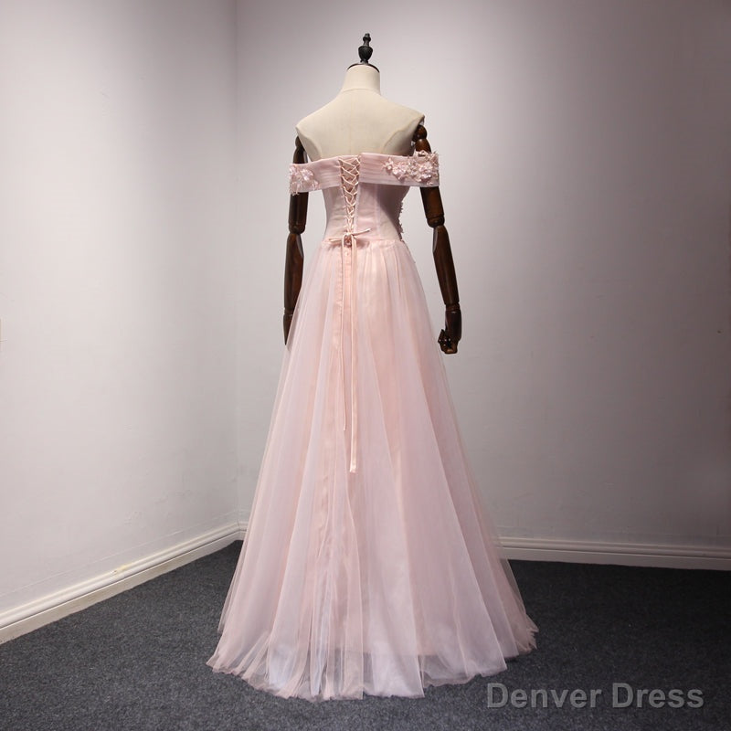 Pink Off Shoulder Handmade Prom Dress , Long Prom Dresses