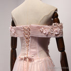 Pink Off Shoulder Handmade Prom Dress , Long Prom Dresses