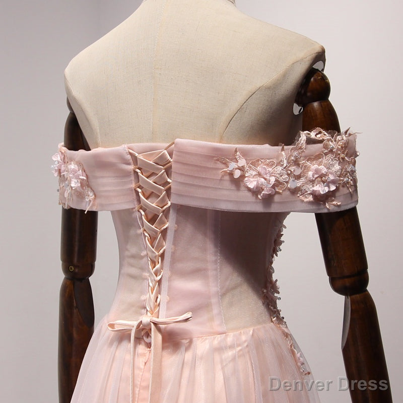 Pink Off Shoulder Handmade Prom Dress , Long Prom Dresses