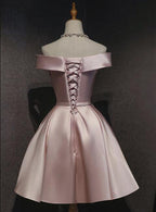 Pink Off Shoulder Homecoming Dress, Pink Prom Dress , Cute Satin Dresses