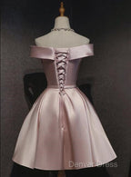Pink Off Shoulder Homecoming Dress, Pink Prom Dress , Cute Satin Dresses