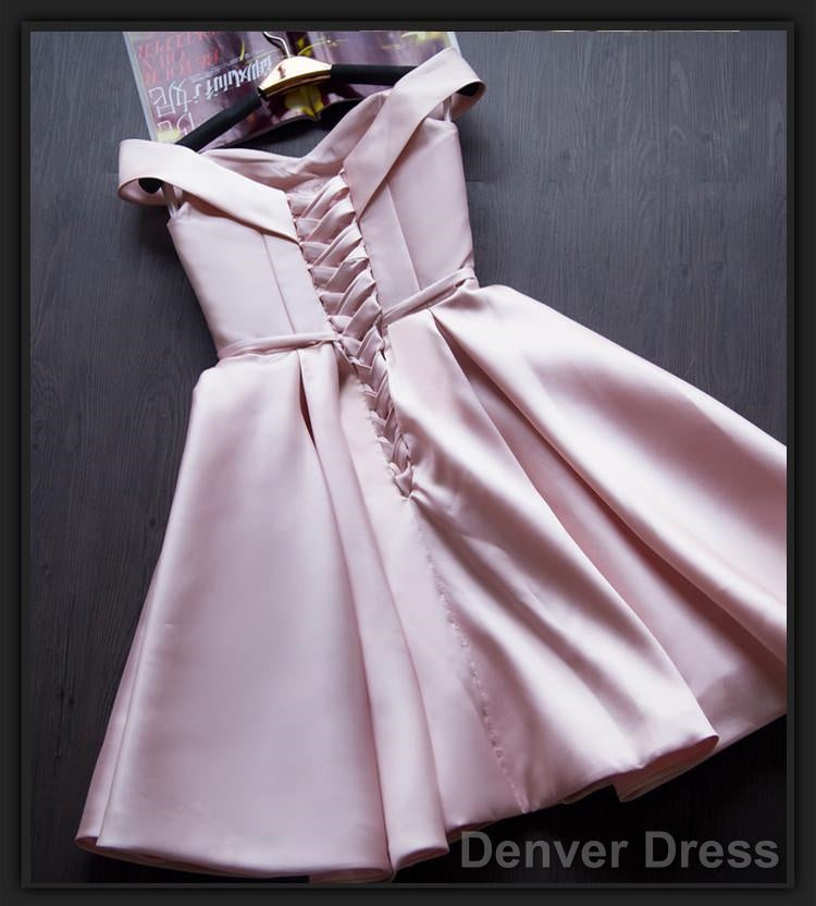 Pink Off Shoulder Knee Length Homecoming Dress, Pink Short Prom Dress, Short Prom Dresses
