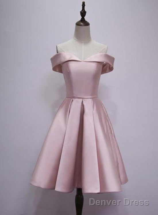 Pink Off Shoulder Knee Length Homecoming Dress, Pink Short Prom Dress, Short Prom Dresses Main image