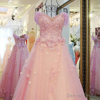 Pink Off Shoulder Lace Applique Tulle Flowers Prom Dress, Pink Prom Dress Sweet 16 Dresses