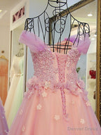 Pink Off Shoulder Lace Applique Tulle Flowers Prom Dress, Pink Prom Dress Sweet 16 Dresses