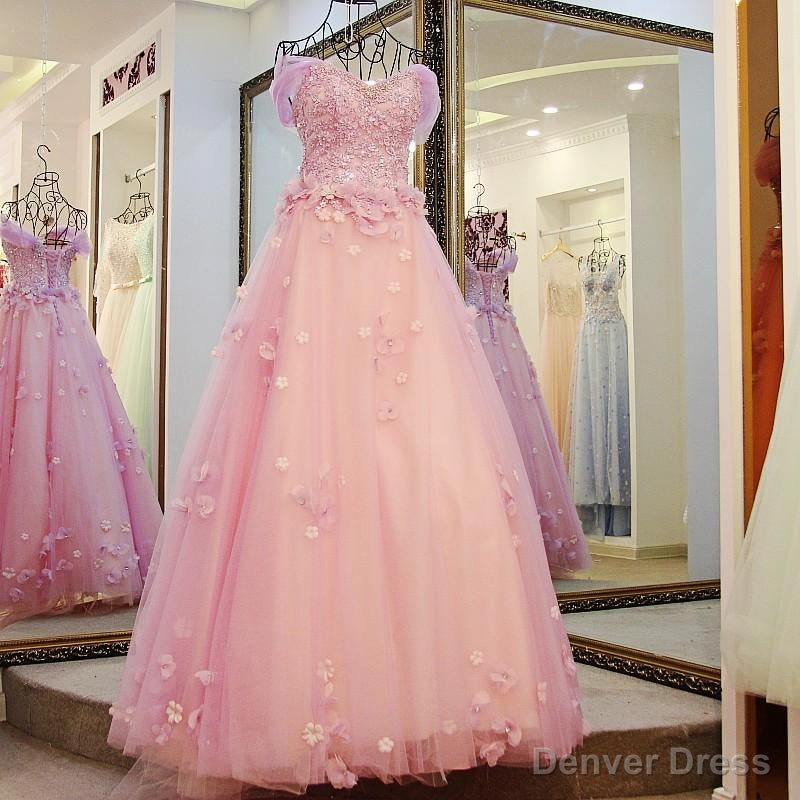 Pink Off Shoulder Lace Applique Tulle Flowers Prom Dress, Pink Prom Dress Sweet 16 Dresses Secondary image