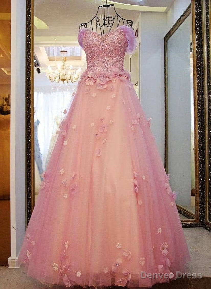 Pink Off Shoulder Lace Applique Tulle Flowers Prom Dress, Pink Formal Dress Sweet 16 Dress Main image
