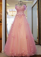 Pink Off Shoulder Lace Applique Tulle Flowers Prom Dress, Pink Prom Dress Sweet 16 Dresses