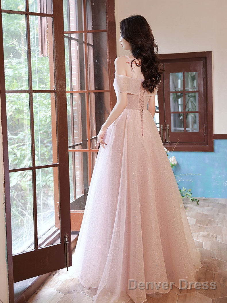 Pink Off Shoulder Long Prom Dress, Off Shoulder Pink Prom Dresses