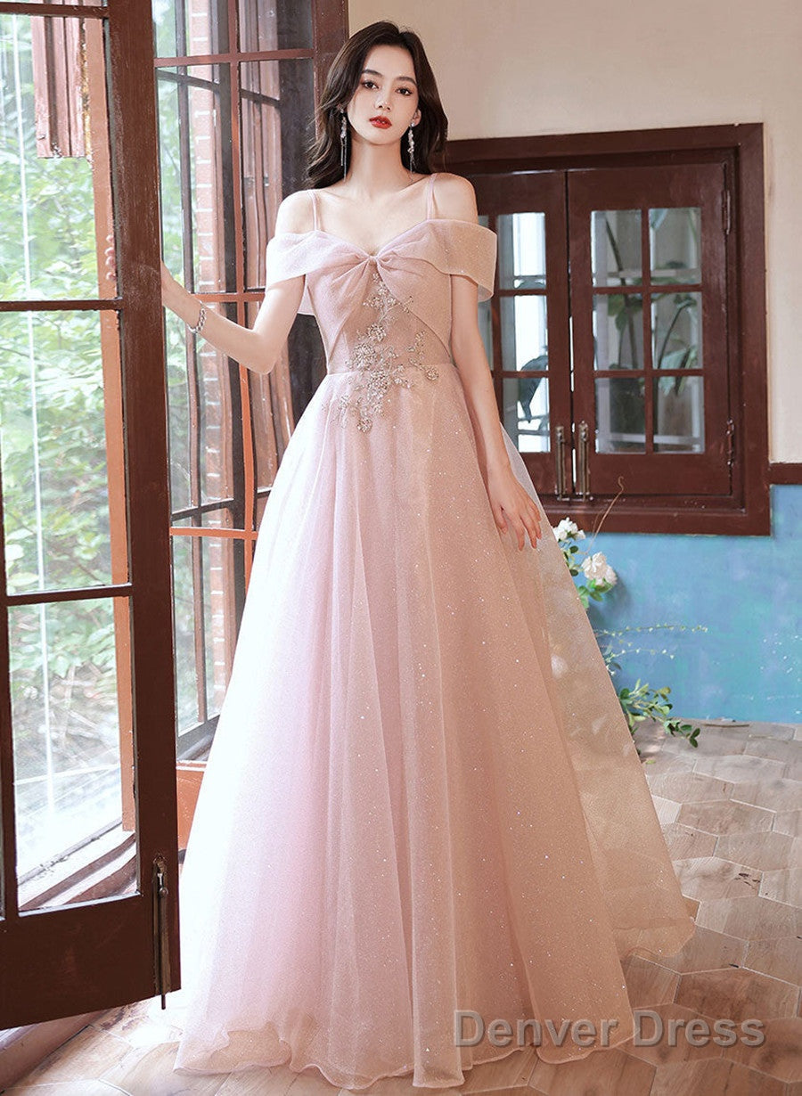 Pink Off Shoulder Long Prom Dress, Off Shoulder Pink Party Dress Main image