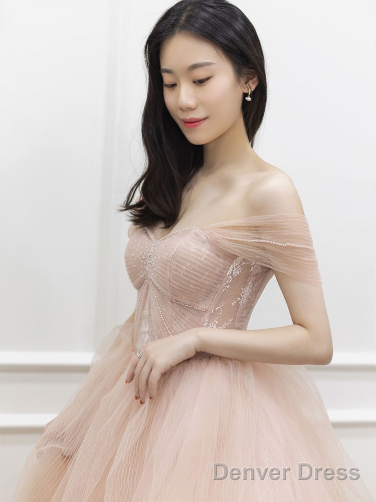Pink Off Shoulder Long Prom Dress, Pink Tulle Prom Dresses Secondary image