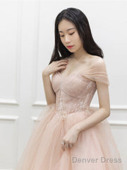 Pink  Off Shoulder Long Prom Dress, Pink Tulle Formal Evening Dress