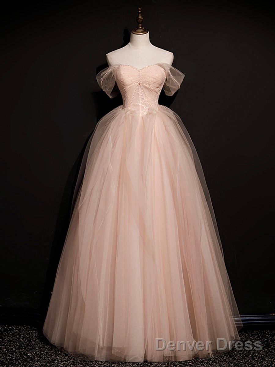 Pink Off Shoulder Long Prom Dress, Pink Tulle Prom Dresses